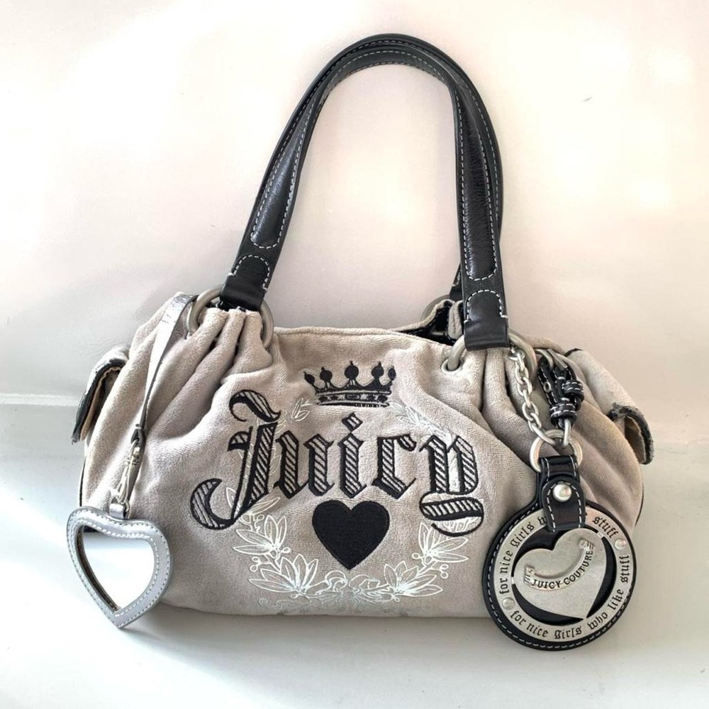 Juicy Couture Grey Suede Logo Tote with Black Handles y2k